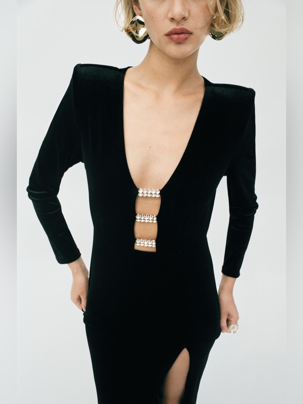 NWT Zara Black Plunge Black Velvet Dress with Crystal Embellishment & Thigh Slit